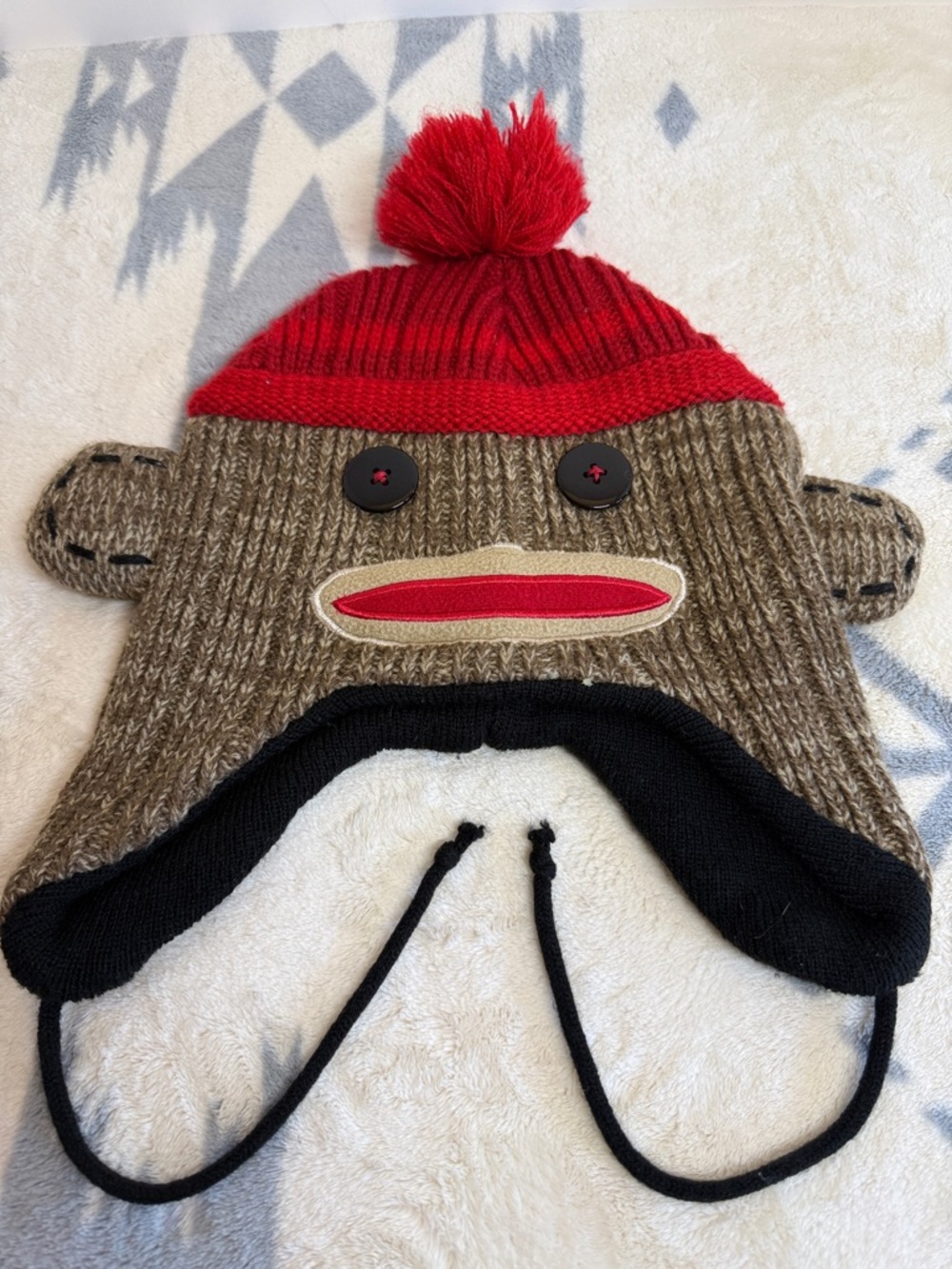 Novelty Sock Monkey Pom Pom Knit Winter Hat in Red, Brown, Black Unisex, age 14+